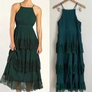 NWT LuLus Came For Cocktails Emerald Green Pleated Tiered Lace Maxi Dress Medium